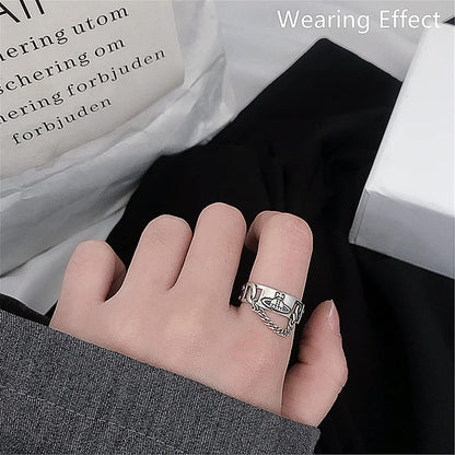 Beccalame Saturn Chain Sterling Silver Adjustable Ring Y2K Edgy R