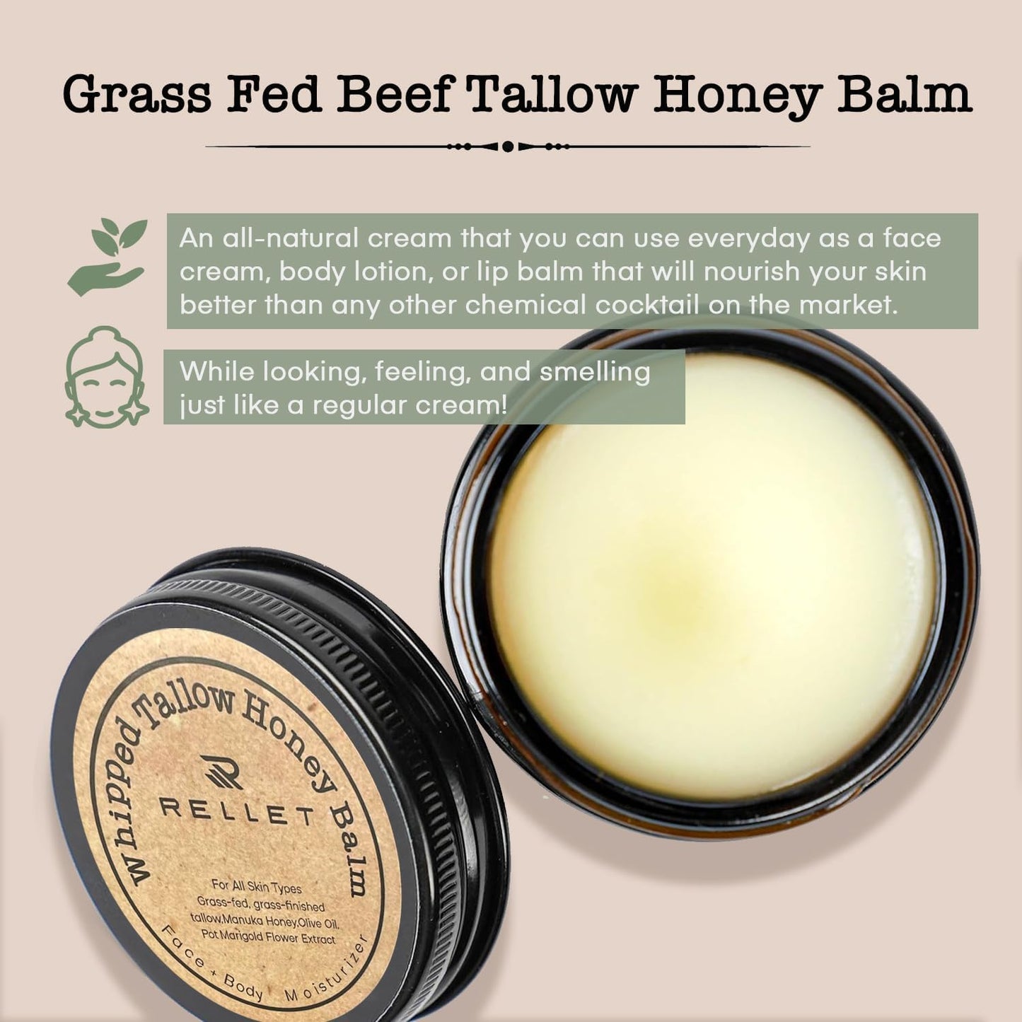 Beef Tallow and Honey Balm for Skin : Grass Fed Whipped Beef Tall