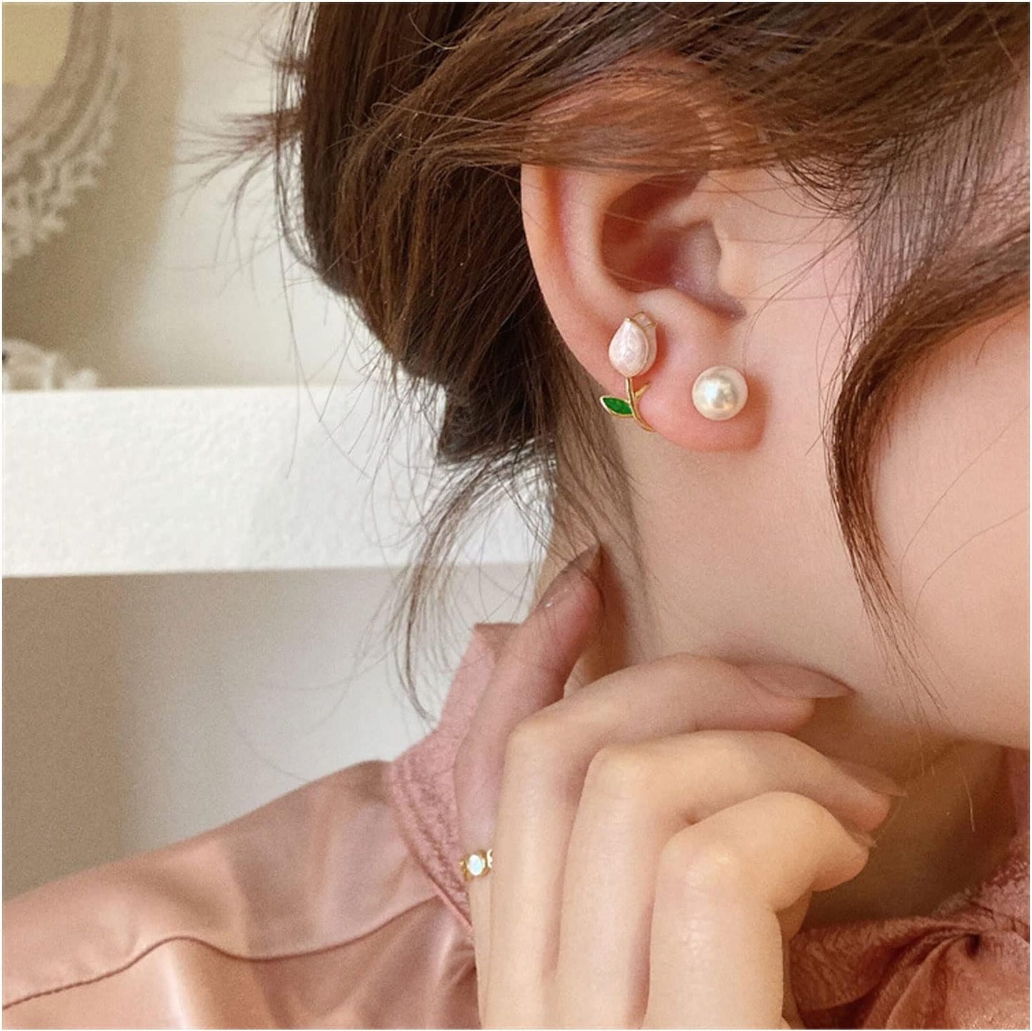 Pink Flower Earrings Tulip Flower Stud Earrings for Women Pearl Flower Earr