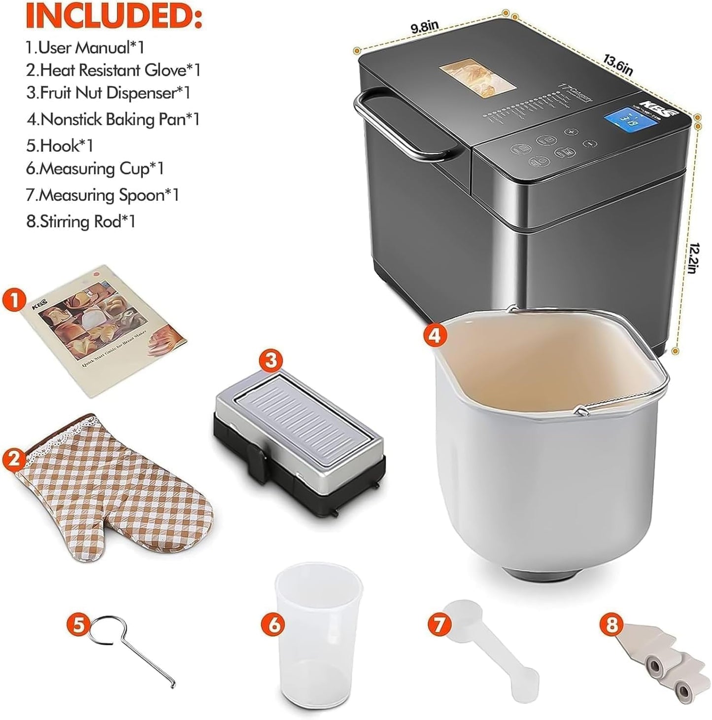 KBS MBF-013 17-In-1 Bread Maker Machine Fully Automatic with 2LB Capacity 3 Loaf Sizes