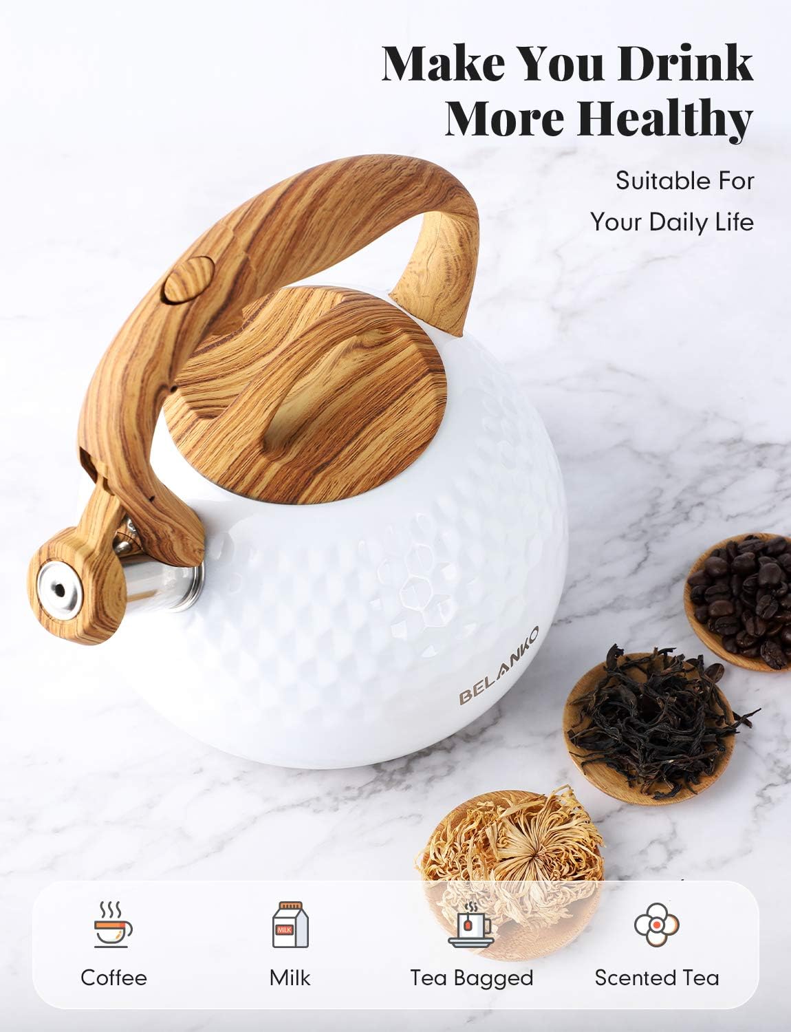 Tea Kettle, 3 Liter BELANKO Teapot Whistling Kettle with Wood Pattern Handle Loud Whistle, Food Grade Stainless Steel Tea Pot for Stovetops Induction Diamond Design Water Kettle - Gloss