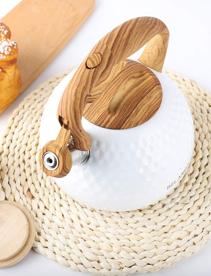 Tea Kettle, 3 Liter BELANKO Teapot Whistling Kettle with Wood Pattern Handle Loud Whistle, Food Grade Stainless Steel Tea Pot for Stovetops Induction Diamond Design Water Kettle - Gloss