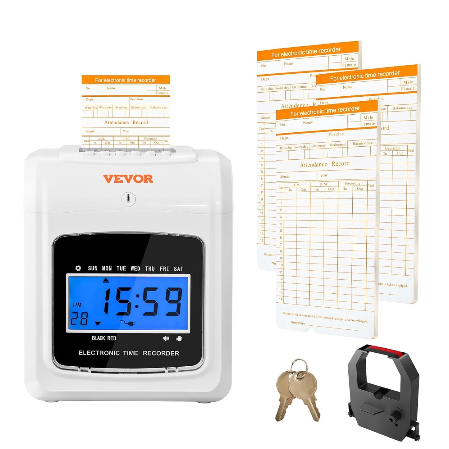 VEVOR LY-258 Punch Time Clock, Time Tracker Machine for Employees of Small Business, 6 Punches per Day, Time Clock Punch Machine Includes 102 Time Cards, 1 Ink Ribbon and 2 Security Keys