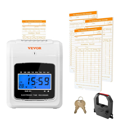VEVOR LY-258 Punch Time Clock, Time Tracker Machine for Employees of Small Business, 6 Punches per Day, Time Clock Punch Machine Includes 102 Time Cards, 1 Ink Ribbon and 2 Security Keys