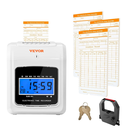 VEVOR LY-258 Punch Time Clock, Time Tracker Machine for Employees of Small Business, 6 Punches per Day, Time Clock Punch Machine Includes 102 Time Cards, 1 Ink Ribbon and 2 Security Keys