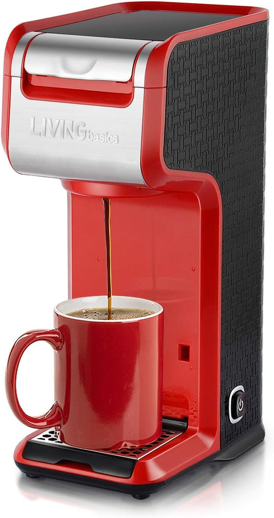 LIVINGbasics LVBe-CM1801-All 2 In 1 Single Serve Coffee Maker Brewer, Ground & Capsule, Slim Design, Red