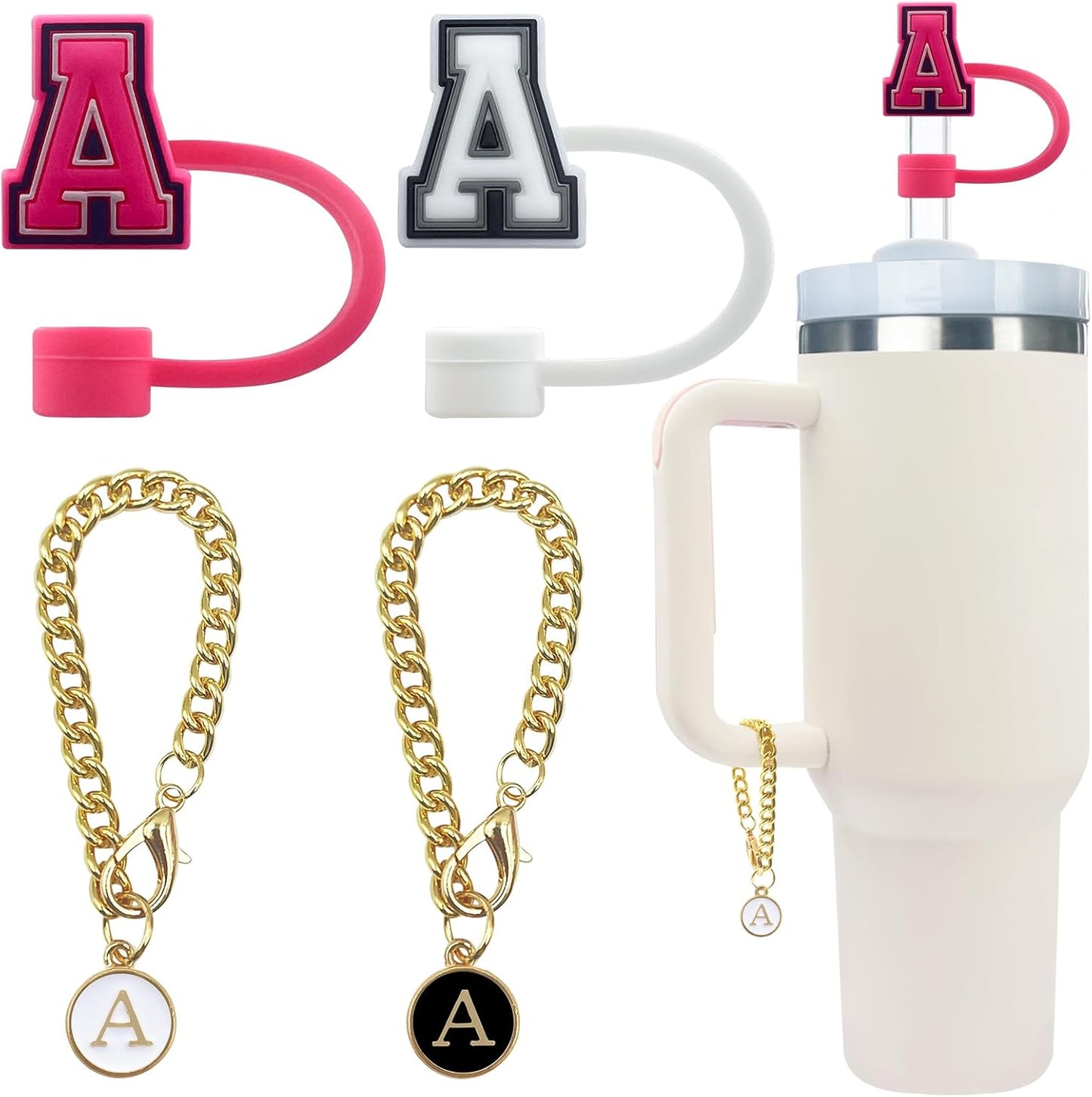 Velaco 4 PCS Initial Letter Charm Accessories and Straw Cover Pack- Chains with