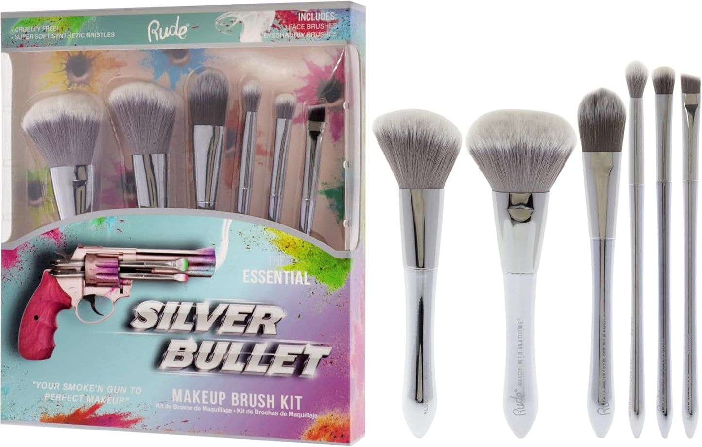 Rude Cosmetics Silver Bullet Makeup Brush Kit Beretta Powder Brush, Glock B