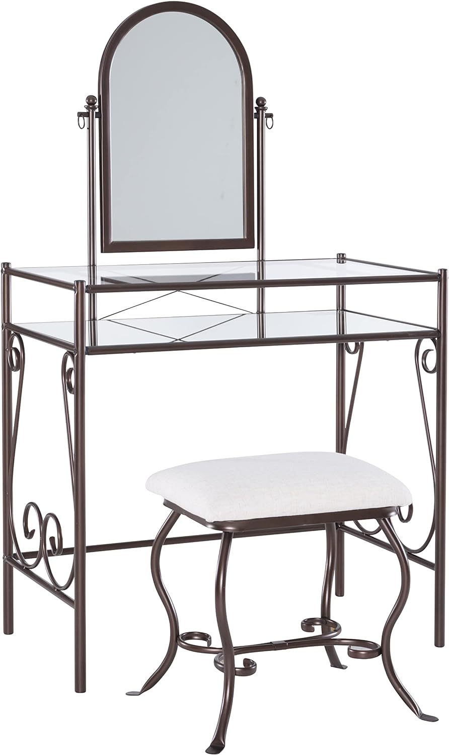 Linon Dark Metal Set Table with Upholstered Stool  Clarisse Vanity, 52.4" x 31.8" x 18.3"