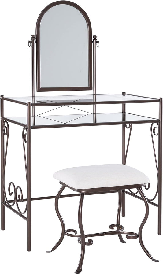 Linon Dark Metal Set Table with Upholstered Stool  Clarisse Vanity, 52.4" x 31.8" x 18.3"