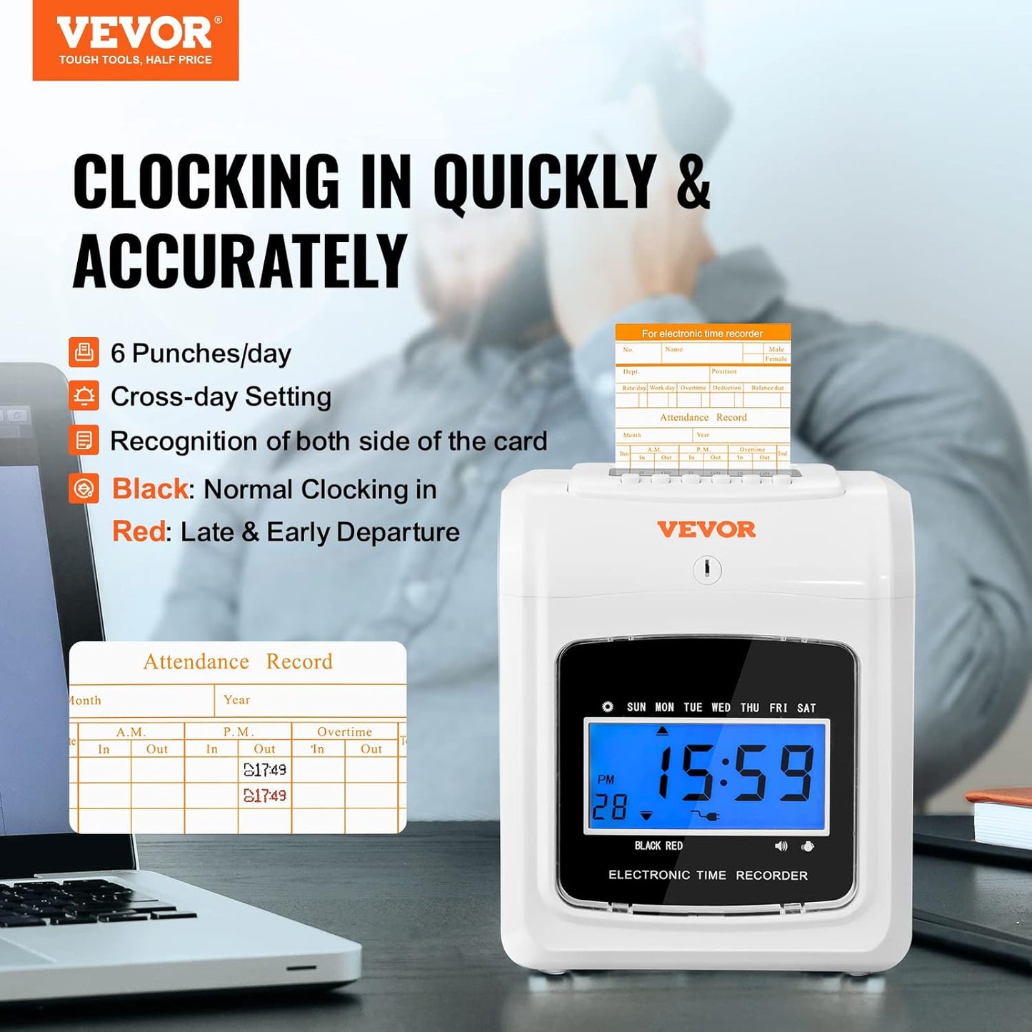 VEVOR LY-258 Punch Time Clock, Time Tracker Machine for Employees of Small Business, 6 Punches per Day, Time Clock Punch Machine Includes 102 Time Cards, 1 Ink Ribbon and 2 Security Keys