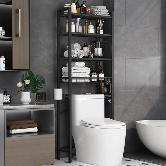 Over The Toilet Storage Shelf, 4-Tier Wooden Bathroom Organizer Adjustable Saver Space Rack with Toilet Paper Holder, Black