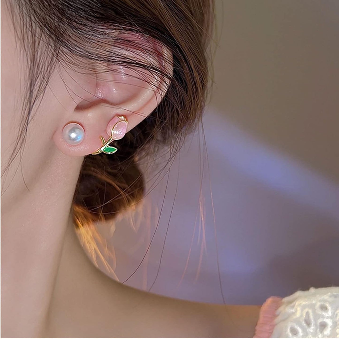 Pink Flower Earrings Tulip Flower Stud Earrings for Women Pearl Flower Earr