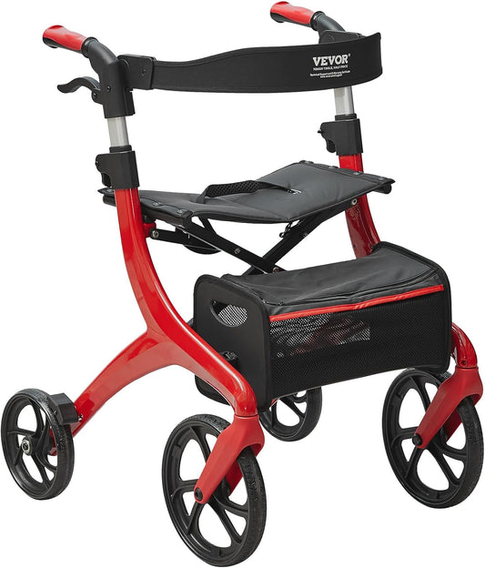 VEVOR Folding Rollator Walker for Seniors and  Adults, Lightweight Aluminum Rolling Walker with  Seat and Adjustable Handle, 4-Wheel Outdoor  Mobility Walker with Spacious Storage Bag, 300LBS  Capacity