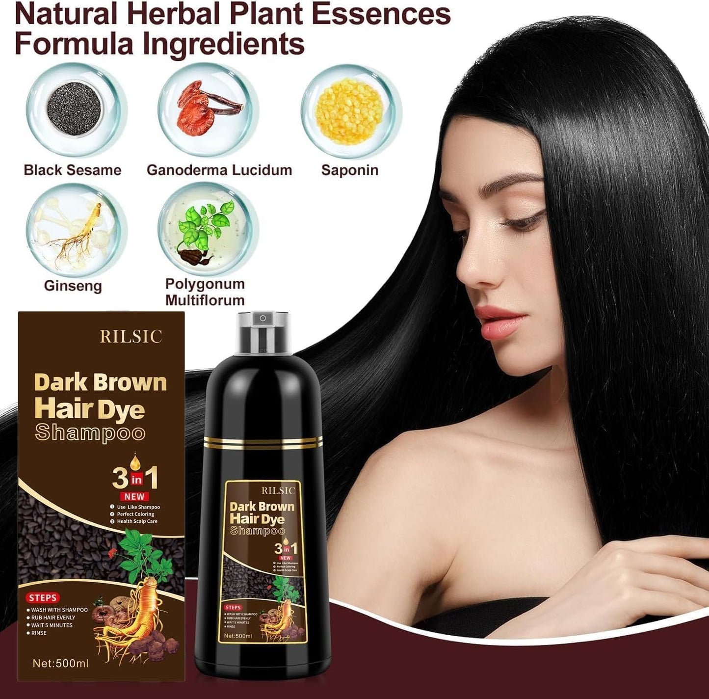 RILSIC Dark Brown Hair Dye Shampoo 3 IN 1, Instant Hair Color Sha