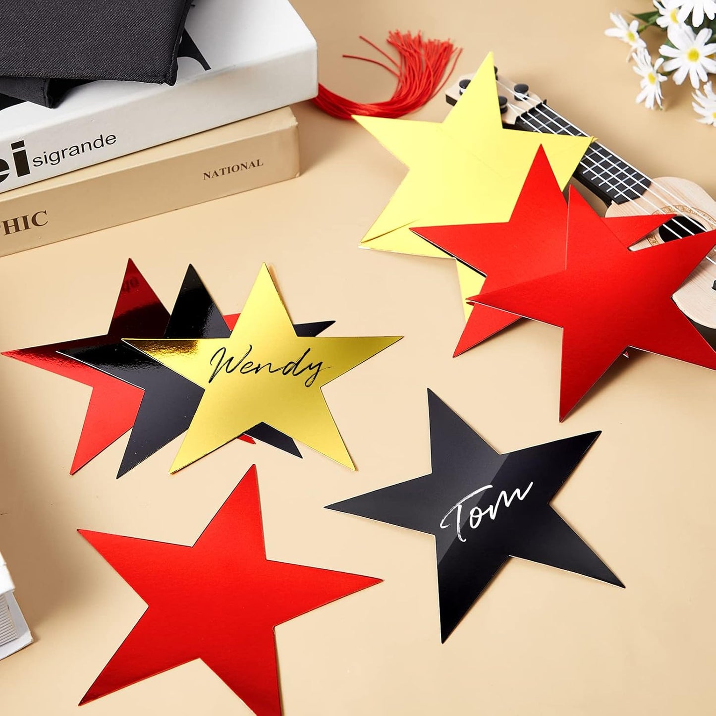 80 Pieces Stars Cutouts Double Printed Paper Star  Decorations Glitter Star Confetti Cutouts  Cardboard Stars for Bulletin Board Classroom Wall  Party Decoration Supply, 6 Inches (Gold, Red,  Black)