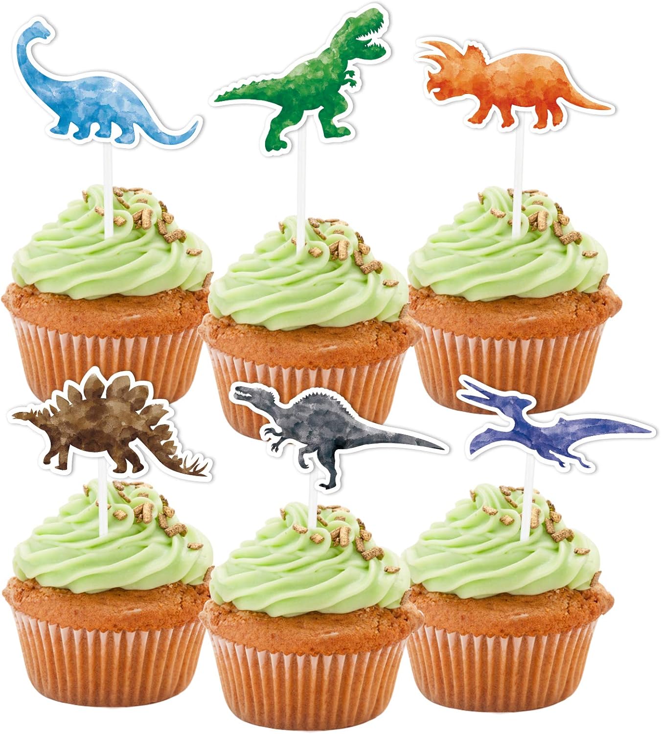 WERNNSAI Watercolor Dinosaur Party Cupcake Toppers - 36PCS Dinosaur Birthda