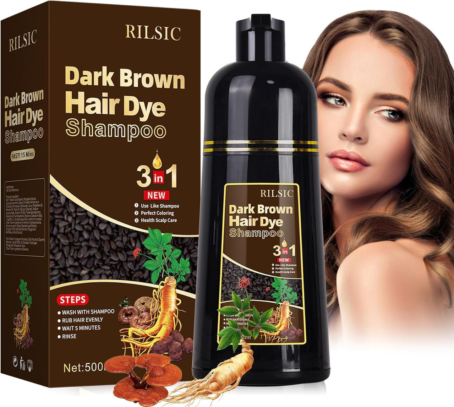 RILSIC Dark Brown Hair Dye Shampoo 3 IN 1, Instant Hair Color Sha