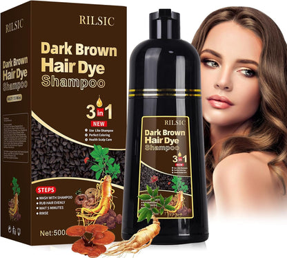 RILSIC Dark Brown Hair Dye Shampoo 3 IN 1, Instant Hair Color Sha