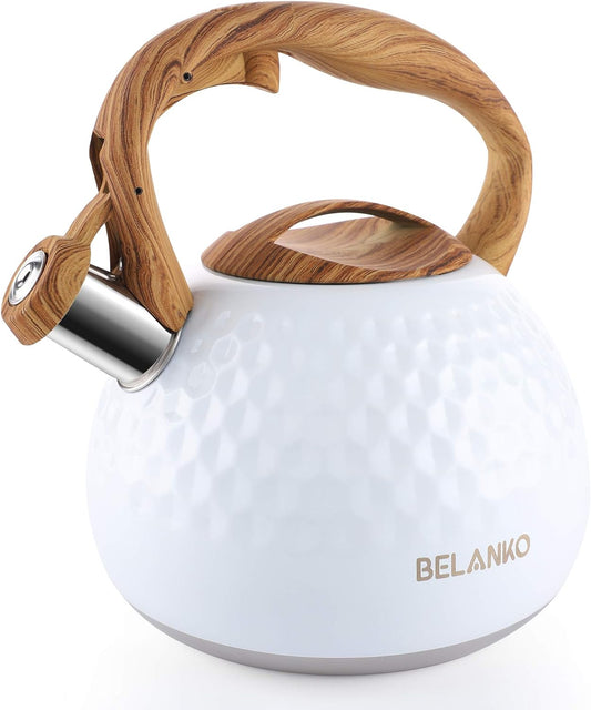 Tea Kettle, 3 Liter BELANKO Teapot Whistling Kettle with Wood Pattern Handle Loud Whistle, Food Grade Stainless Steel Tea Pot for Stovetops Induction Diamond Design Water Kettle - Gloss