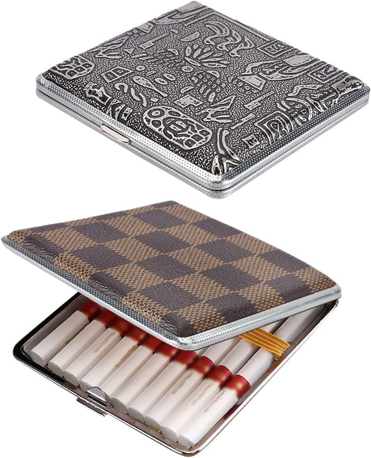 2 pcs Cigarette Case, Stylish Leather Surface Metal Box for 20 Ci