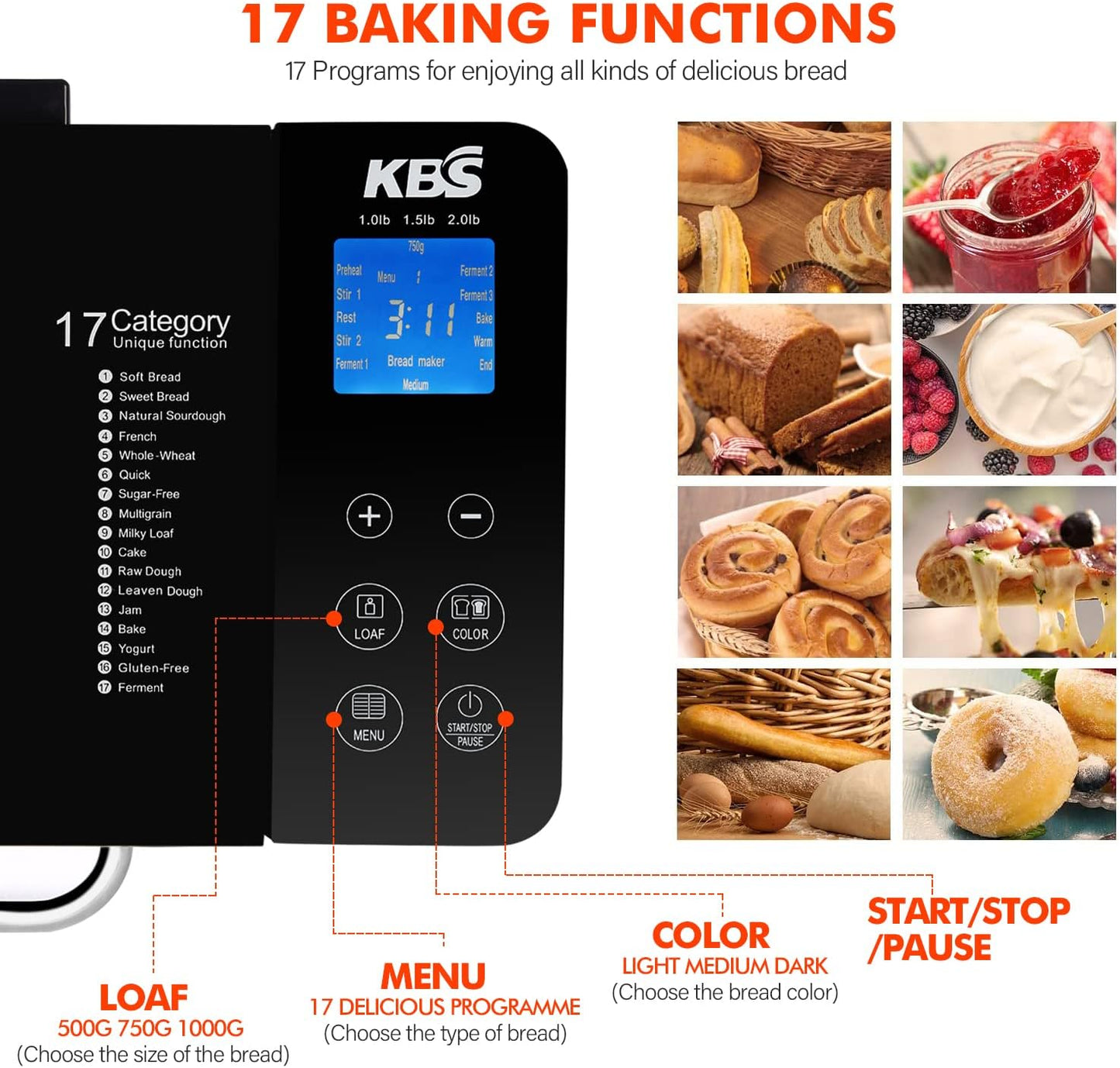 KBS MBF-013 17-In-1 Bread Maker Machine Fully Automatic with 2LB Capacity 3 Loaf Sizes