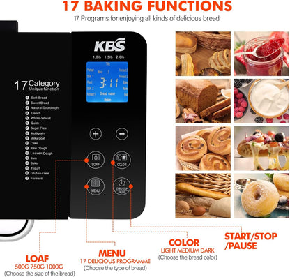 KBS MBF-013 17-In-1 Bread Maker Machine Fully Automatic with 2LB Capacity 3 Loaf Sizes