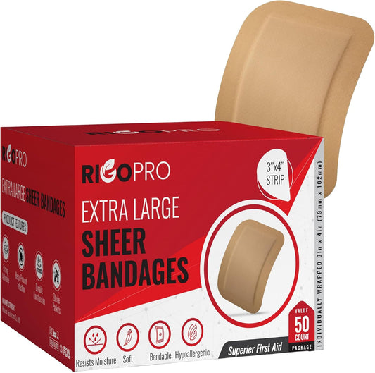 RIGO PRO Extra Large Sheer Bandages 50 Count | Hypoallergenic | 3 x 4 Inch