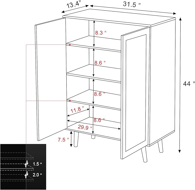Eumyviv H0030 44" H Tall Sideboards and Buffets with 2 Door Rattan Cabinet