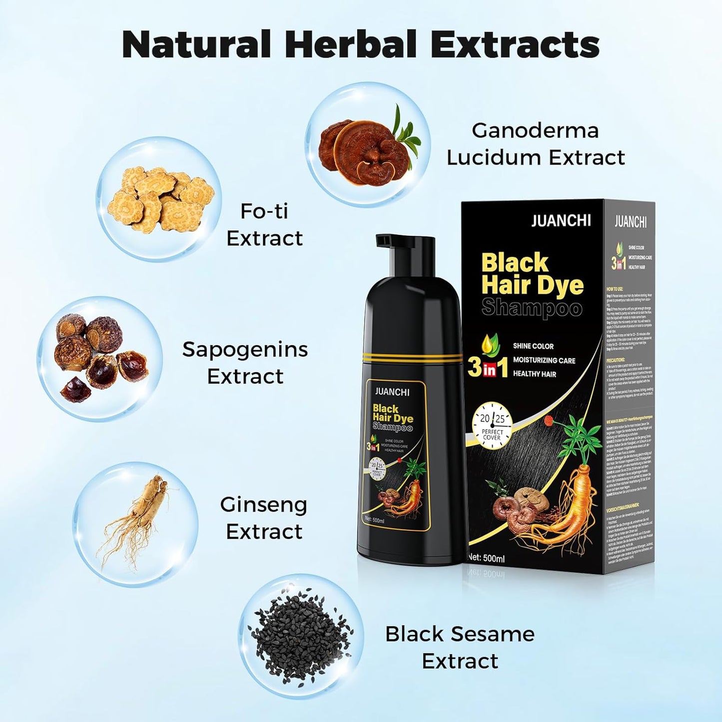 Black Hair Dye Shampoo 3 in 1, Hair Color for Women and Men, Black Hair Dye
