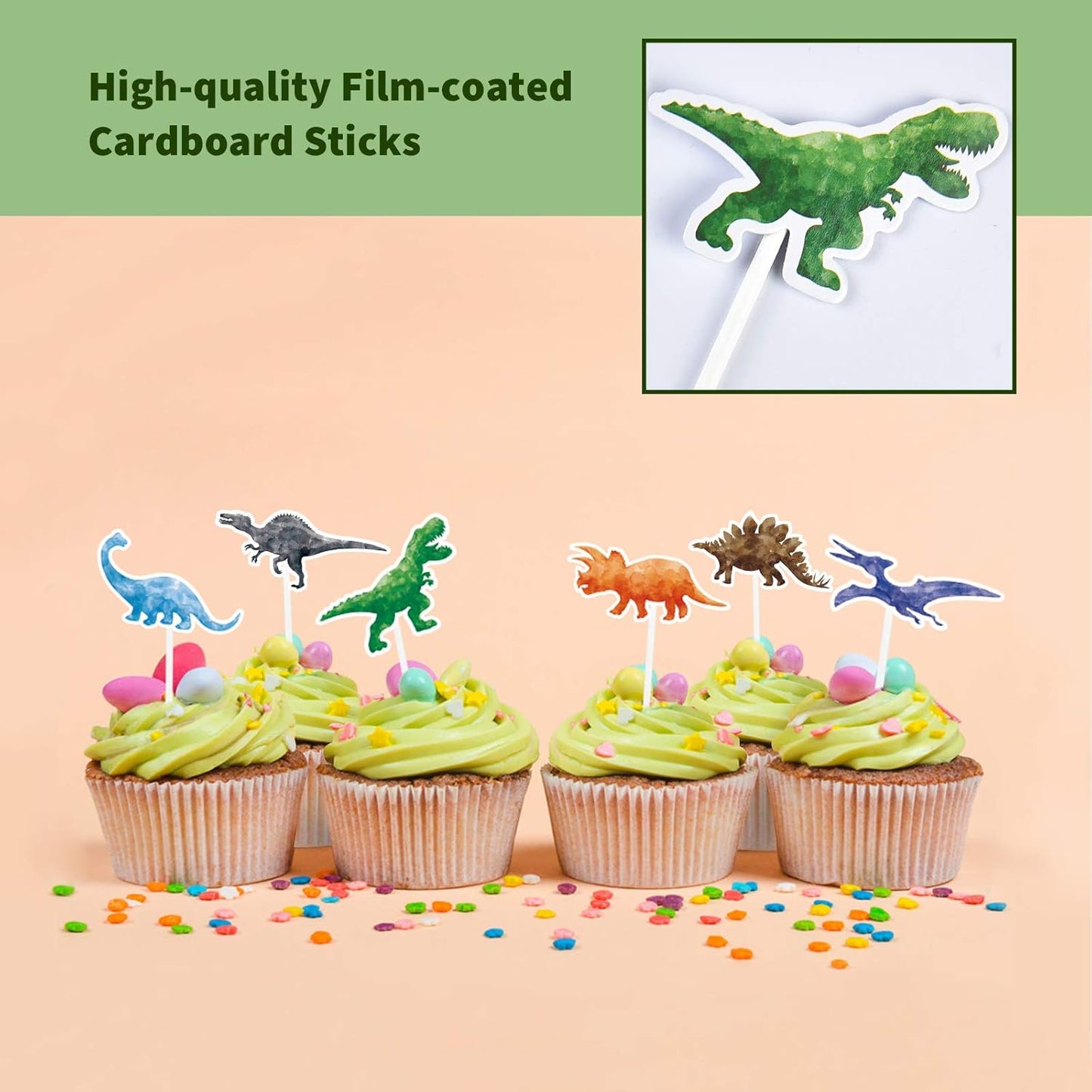 WERNNSAI Watercolor Dinosaur Party Cupcake Toppers - 36PCS Dinosaur Birthda