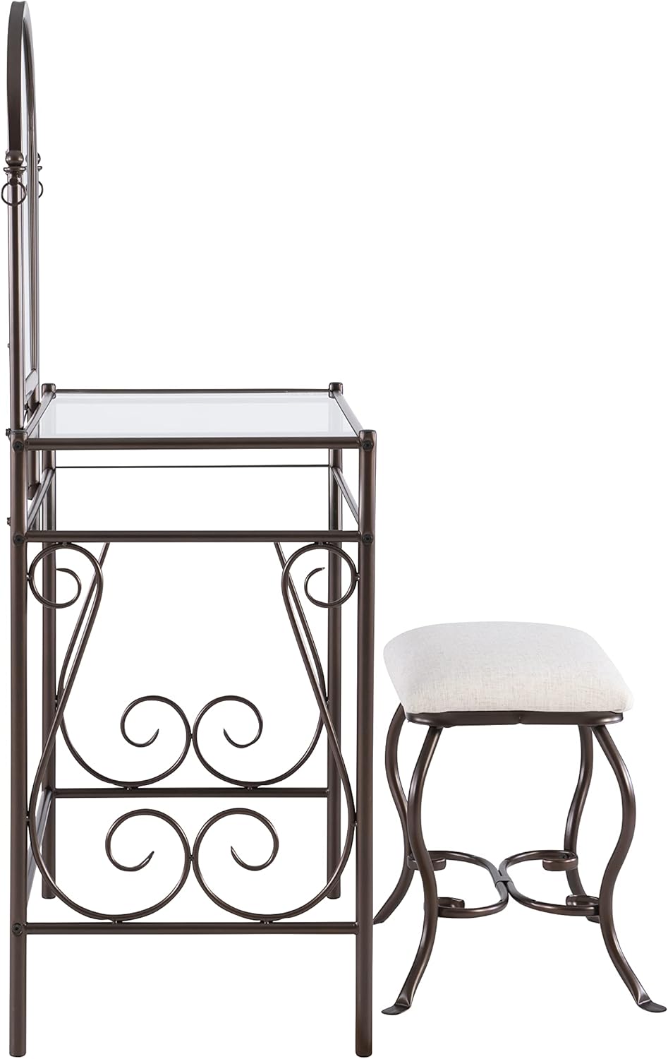 Linon Dark Metal Set Table with Upholstered Stool  Clarisse Vanity, 52.4" x 31.8" x 18.3"