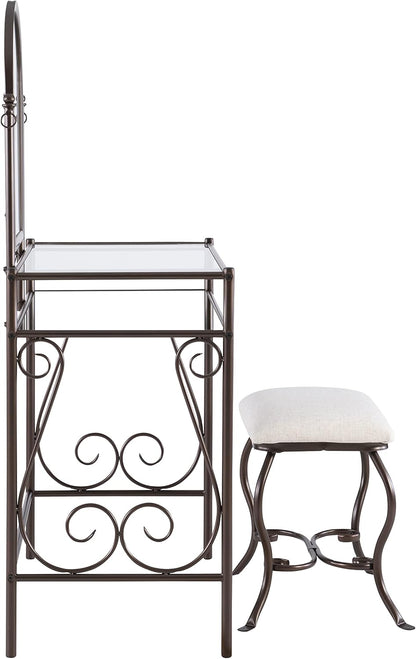 Linon Dark Metal Set Table with Upholstered Stool  Clarisse Vanity, 52.4" x 31.8" x 18.3"