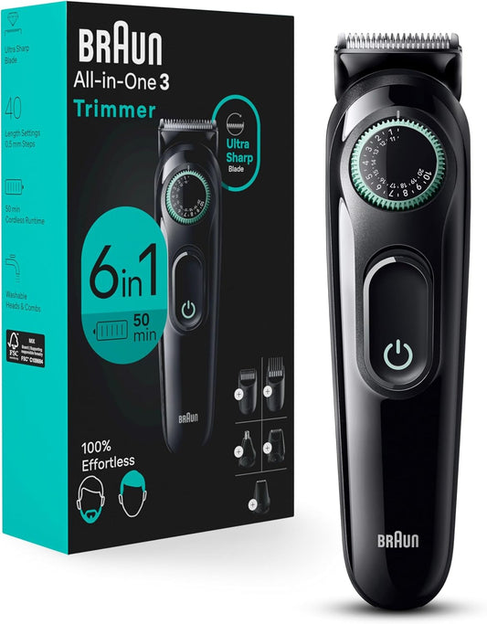 Braun AIO3460 All-in-One Style Kit Series 3 3460, 6-in-1 Trimmer for Men with Beard Trimmer, Ear & Nose Trimmer, Hair Clippers & More, Ultra-Sharp Blade, 40 Length Settings, Washable