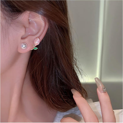 Pink Flower Earrings Tulip Flower Stud Earrings for Women Pearl Flower Earr