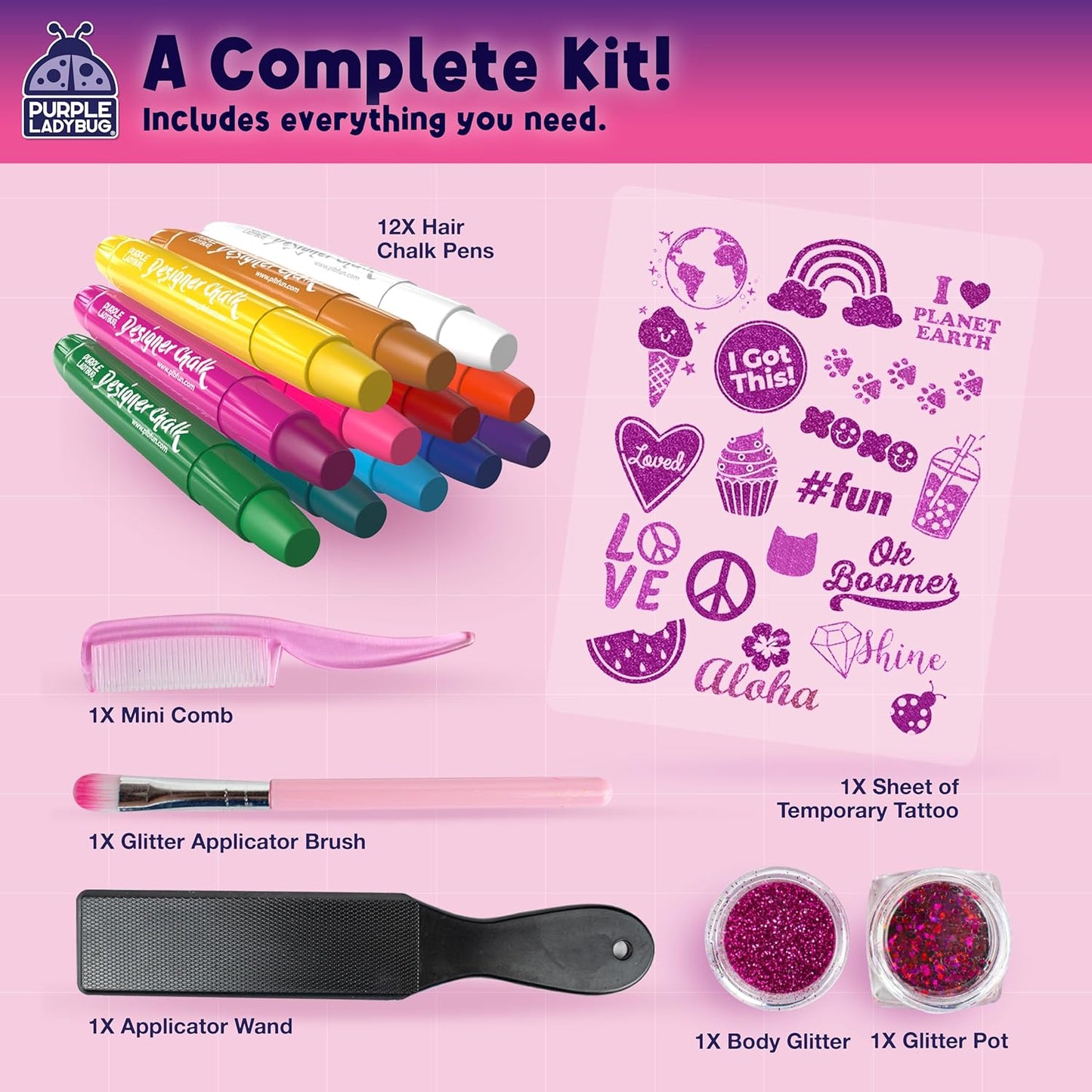 Purple Ladybug Hair Chalk for Kids - 12 Safe Vibrant Temporary Hair Color f