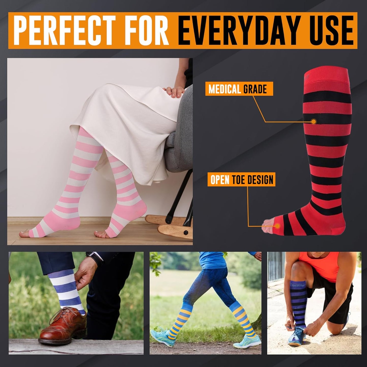 Doc Miller Open Toe Compression Socks, 15-20 mmHg, Toeless Compre