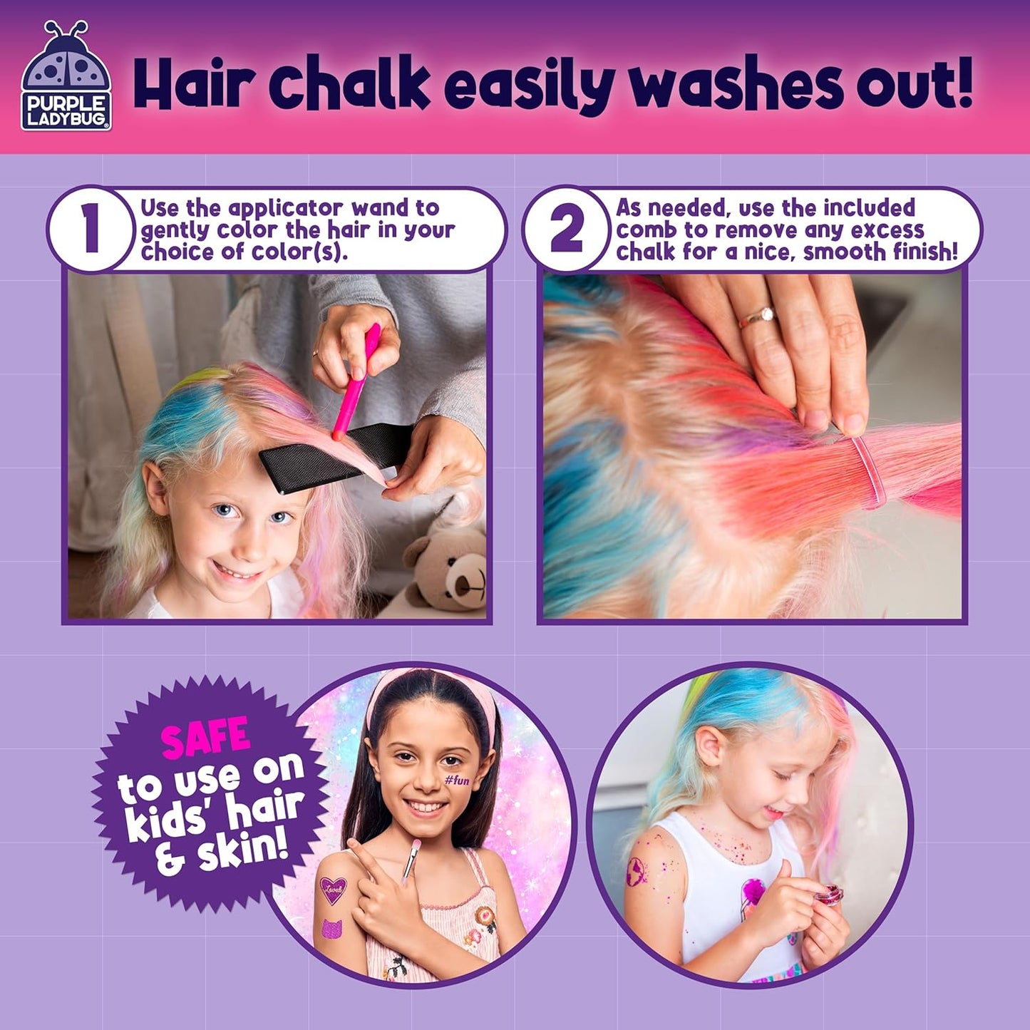 Purple Ladybug Hair Chalk for Kids - 12 Safe Vibrant Temporary Hair Color f