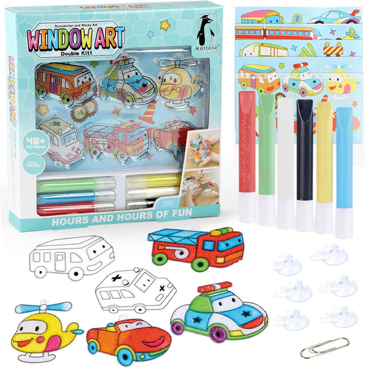 Cars Suncatcher Kit for Boys, First Responder  Window Art for Boys & Kids, Includes 6 Sun  Catchers, 6 Paints, 4 Sticky Art Templates & More,  Police & Firetruck Arts and Crafts Activity Set  for Boys