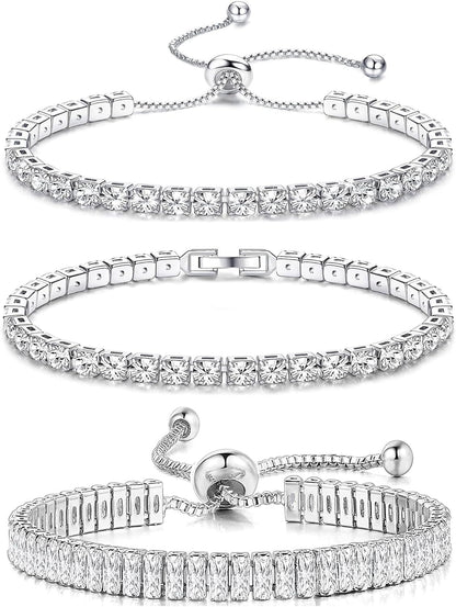 YADOCA 3 Pcs Tennis Bracelets for Women Silver Tone 4mm 5A+ Cubic Zirconia