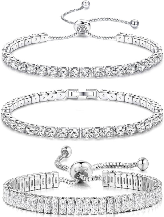 YADOCA 3 Pcs Tennis Bracelets for Women Silver Tone 4mm 5A+ Cubic Zirconia