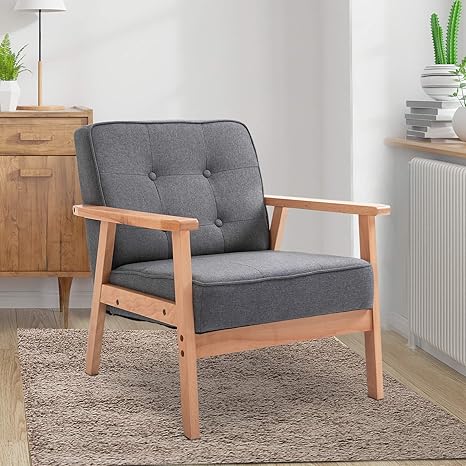 HOMCOM Mid-Century Accent Chair Modern Fabric Upholstered Tufted Back Lounge Sofa Seat - Grey