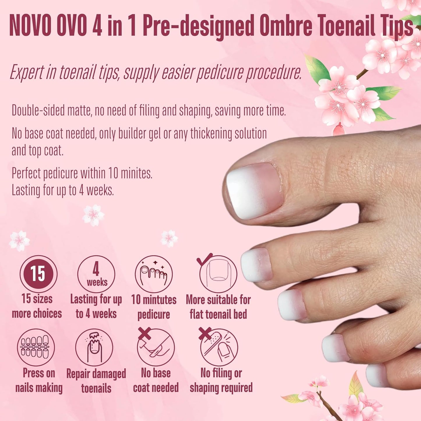 Fake Toe Nail Tips Press on, French Tip Soft Gel Toenail Extension, BERRY O