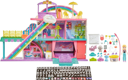 Polly Pocket Playset, Sweet Adventures Rainbow  Mall with 3-inch Doll & 35+ Accessories, Includes  3 Floors & 9 Play Areas