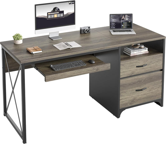 Bestier CAWM01-D374Q-RGOD 55 inch Computer Desk with Drawers Keyboard Tray Home Office Desk, Dark Grey
