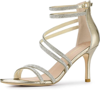 Allegra K Women's Ankle Strap Rhinestone Stiletto  Heeled Sandals