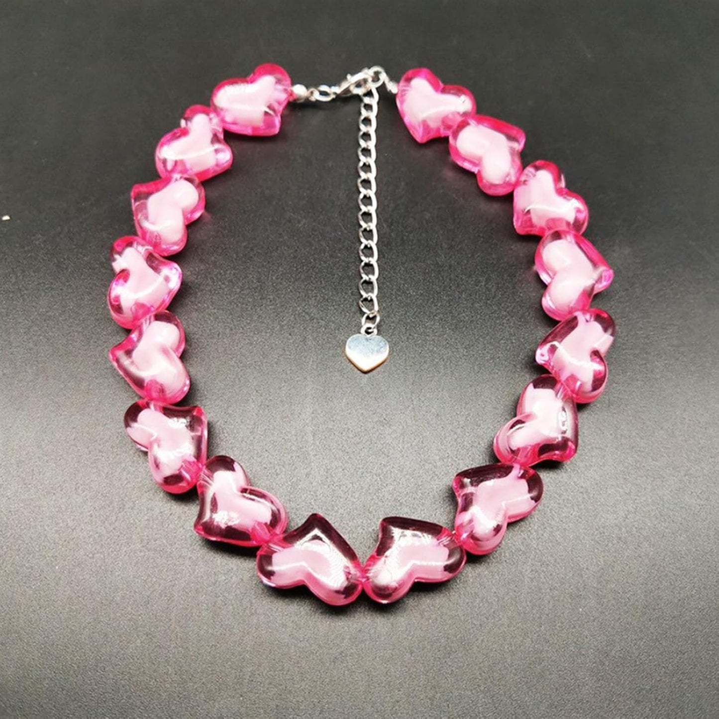 Pink Heart Choker Necklace Acrylic Heart Beaded Choker Necklace Chunky Hear