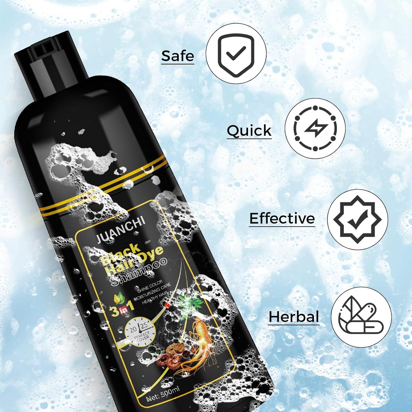 Black Hair Dye Shampoo 3 in 1, Hair Color for Women and Men, Black Hair Dye