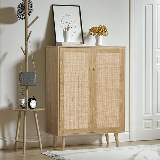 Eumyviv H0030 44" H Tall Sideboards and Buffets with 2 Door Rattan Cabinet