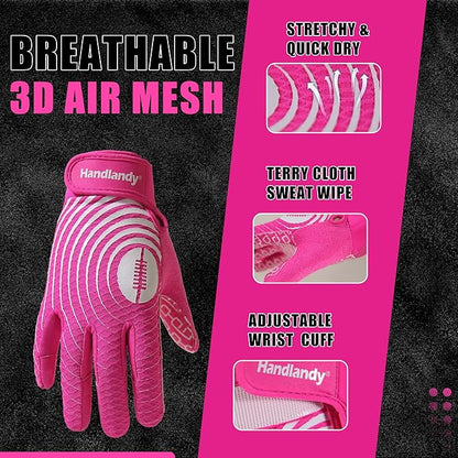Sticky Youth Football Gloves for Boys Girls, Cool Flexible Kids Football Gloves, Silicone Grip Wide Receiver Gloves Youth, Pink SX